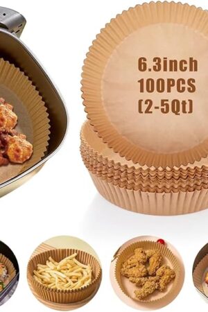 Air Fryer Liners Disposable, 100PCS Non-stick Disposable Airfryer Liners, 6.3 Inch Unbleached Parchment Paper, Round Air Fryer Paper Liners for 2-5QT Air Fryer, Baking, Roasting Microwave