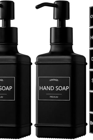 Black Hand and Dish Soap Dispenser Set 2 Pack, 10 fl oz Hand Soap Dispenser Bathroom, Vintage Glass Bottle for Kitchen