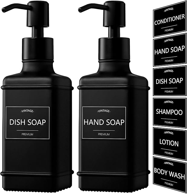 Black Hand and Dish Soap Dispenser Set 2 Pack, 10 fl oz Hand Soap Dispenser Bathroom, Vintage Glass Bottle for Kitchen