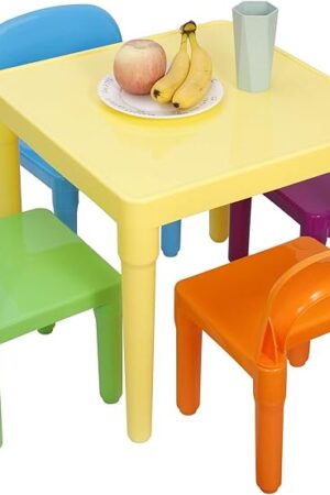 ZENY Kids Plastic Table and 4 Chairs Set, Multicolor Play Room Furniture for Reading, Train, Art, Crafts