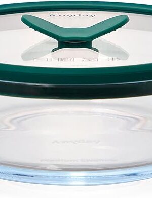 Anyday 4-Cup Glass Food Storage with Glass Lid, Round Shallow Dish | Plastic-Free Meal Prep & Microwave Cookware | Stackable Airtight Storage Container with Vented Lid for Microwave-Safe Reheating