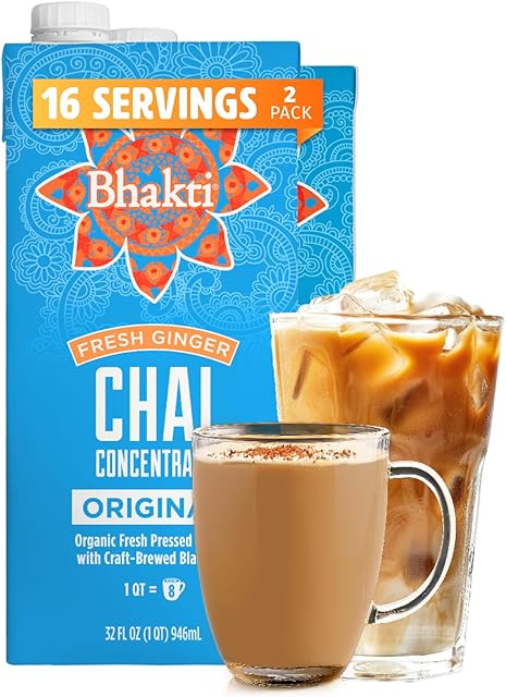 Bhakti Chai Concentrate, Pack of 2, Original, Organic Fresh Ginger | Spiced | Dairy-Free | Vegan | Black Tea | Sweetened
