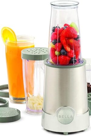 BELLA Personal Size Rocket Blender for Smoothies and Protein Shakes, Portable Juice Maker and Mini Food Processor and Grinder, 12 Piece, BPA Free Accessories, 240 W, Stainless Steel