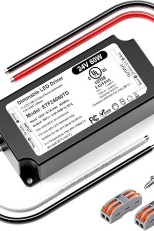 24V Dimmable LED Driver 60W, UL Listed DC 24V Triac ELV/MLV LED Dimmable Power Supply Compatible with Lutron & Leviton Switches 60 Watt LEDs Transformer 24 Volt for Strip Cabinets Light