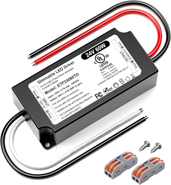 24V Dimmable LED Driver 60W, UL Listed DC 24V Triac ELV/MLV LED Dimmable Power Supply Compatible with Lutron & Leviton Switches 60 Watt LEDs Transformer 24 Volt for Strip Cabinets Light