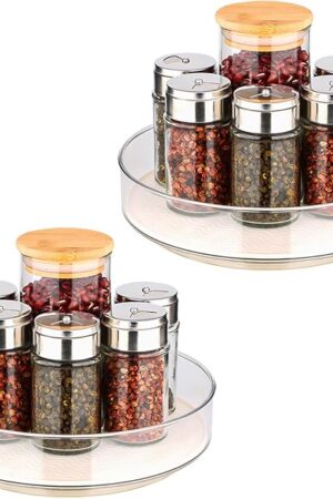 2 Pack Lazy Susan Organizer for Cabinet：Lazy Susan Turntable (8 Inch) with Non-Slip Mat and Handles,Turntable Rack for Kitchen,Pantry,Refrigerator,Bathroom and Vanity Countertop