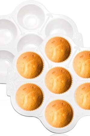 Youeon 2 Pack Ceramic Muffin Pans 7 Cups, Nonstick White Floral Cupcake Baking Pan with Handle, Muffin Tins for Muffins, Cupcakes, Tarts, Mini Cheesecakes, Oven and Dishwasher Safe