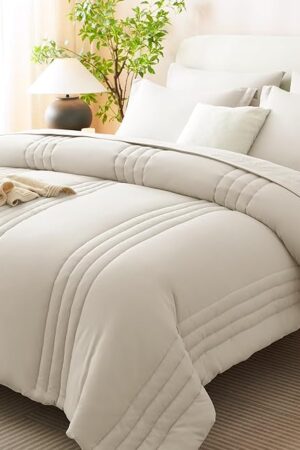 CozyLux Queen Comforter Set 7 Pieces Beige Comforters Queen Size Soft Bedding Set