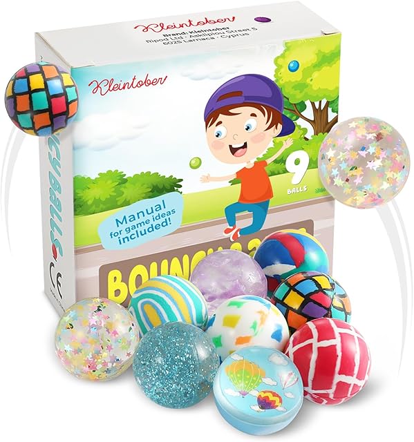The Kleintober Premium Bouncy Ball Set I with Game Ideas I 9 Medium-Sized 1.37inch Jump Balls I Children's Birthday Party I Fun Play Balls I Kids Party Favors
