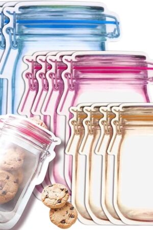 30 PCS Multi-Size Mason Jar Bottle Pattern Zipper Bags,Reusable Airtight Seal Leak-Proof Portable Food Snack Save Storage Pouch Bag for Travel Picnic Camping and Kids