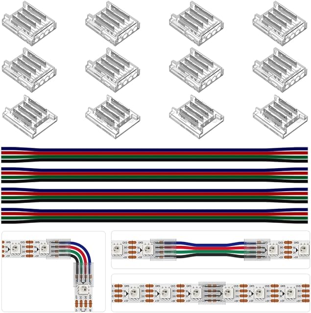 BTF-LIGHTING 4 Pin 10mm 0.39in Width Transparent Connector Kit,4pcs Gapless Solderless 8pcs Corner Connectors,4pcs 5.9in Long 22AWG Extension Wires,Support WS2815 WS2813 etc SMD LED Strip