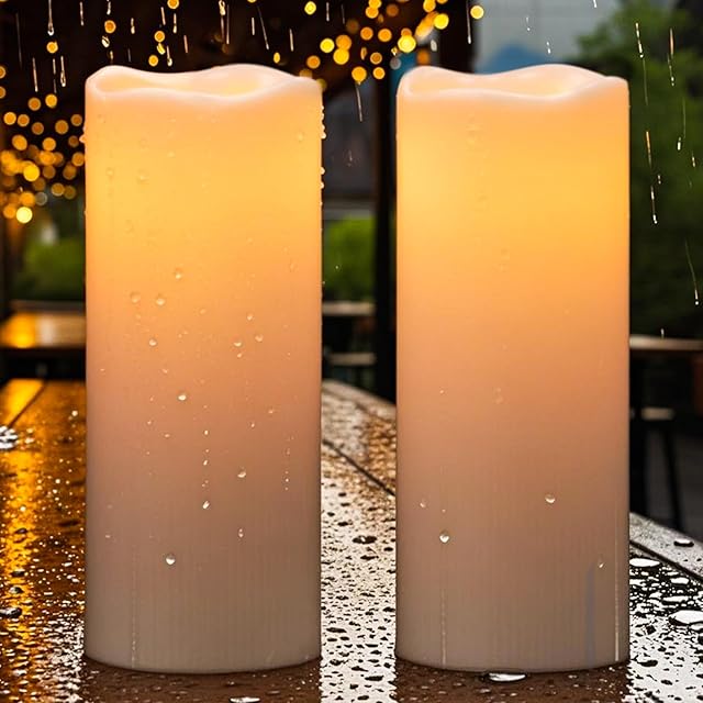 Eldnacele Large Solar Flameless Flickering Candles Outdoor Waterproof, Solar Powered Dusk to Dawn White Plastic LED Pillar Candles Garden Camping Lanterns Wedding Indoor Decor (2Pcs,4" D×10" H)