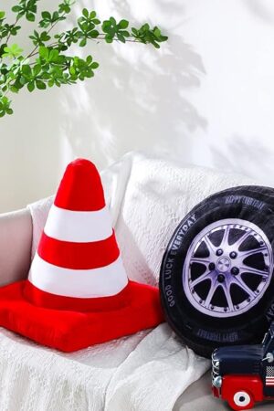 2 Pcs Racing Throw Pillow Room Decorations Set 15.7 Inch Big Creative 3D Simulation Wheel Pillow Funny Cone Traffic Light and Stop Sign Soft Race Car Tire Plush for Car Room Decor(Traffic Cone)