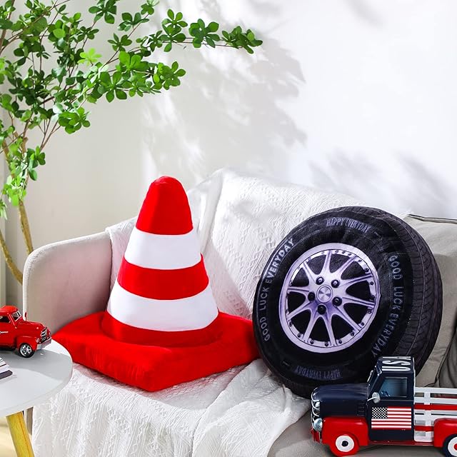 2 Pcs Racing Throw Pillow Room Decorations Set 15.7 Inch Big Creative 3D Simulation Wheel Pillow Funny Cone Traffic Light and Stop Sign Soft Race Car Tire Plush for Car Room Decor(Traffic Cone)