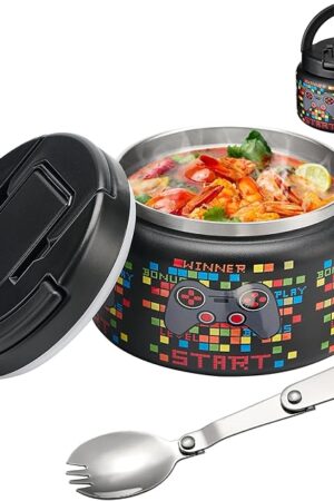 13.5oz Soup Thermo for Hot Food Kids Insulated Vacuum Food Jar with Buckle Lid,Wide Mouth Leakproof Stainless Steel Lunch Container with Spoon-Black Game