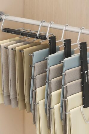 4 Pack 5 Tier Space Saving Hangers, Stainless Steel Black Closet Organizer for Pants, Jeans, Skirts, Scarves - Durable & Heavy Duty