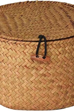 Wicker Storage Basket, Round Household Organizer Box with Lid, Seagrass Laundry Basket for Bathroom, Kitchen, 18cmx12cm, Brown