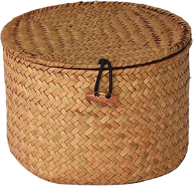Wicker Storage Basket, Round Household Organizer Box with Lid, Seagrass Laundry Basket for Bathroom, Kitchen, 18cmx12cm, Brown