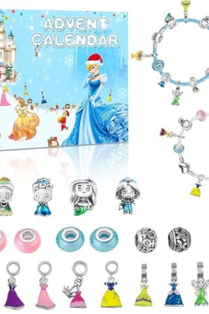 Advent Calendar 2025 for Kids, Christmas DIY Princess Charms Bracelet Countdown to Christmas with 2 Bracelets and 22 Unique Charms Creative Gifts（Leather Rope Chains）