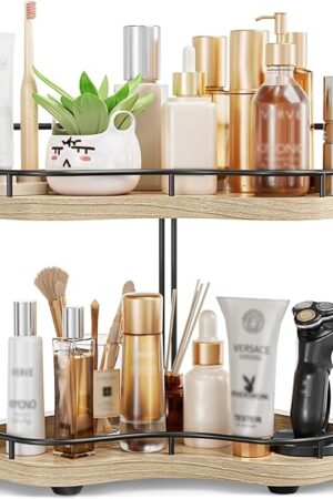 2-Tier Corner Bathroom Counter Organizer with Embedded Screw Holes, Secure & Stable Wood Vanity Shelf for Makeup and Skincare Essentials - Space Saving Bathroom Countertop Storage