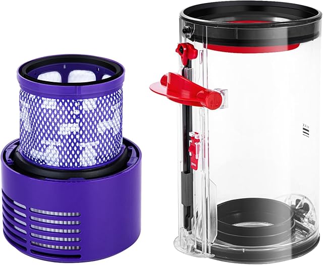 QINAN Upgraded Canister Replacement Parts Compatible With Dyson Cyclone V10 Animal,V10 Total Clean,V10 Absolute,V10 Animal,SV12 Vacuum Dust Bucket HEPA Filter attachments 969509-01, Blue/Grey