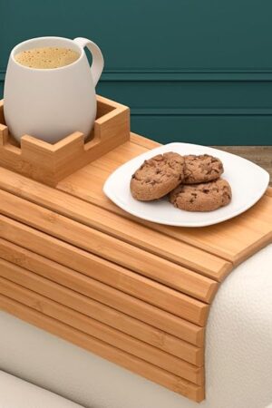 Bamboo Couch Cup Holder for Drink & Snack, Couch Arm Table & Couch Armrest Tray with Couch Cup Holder Tray Table for Couch, Recliner, or Loveseat