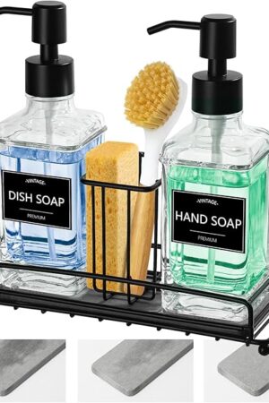 Dish Soap Dispenser, 10 fl oz Kitchen Soap Dispensers with Adjustable Sponge Holder, Modern Hand and Dish Soap Bottle Set Removable, Clear