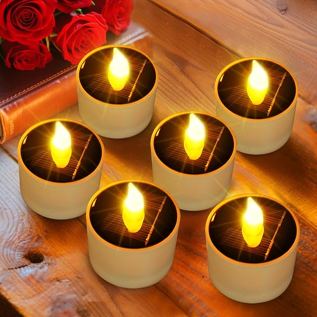 ANGMLN 6pcs Solar Tea Lights Outdoor Waterproof, Flameless Flicker LED Solar Candles with Dusk to Dawn Sensor, Reuseable Tea Light Candles for Lantern Garden Camping Party Home Halloween Decor