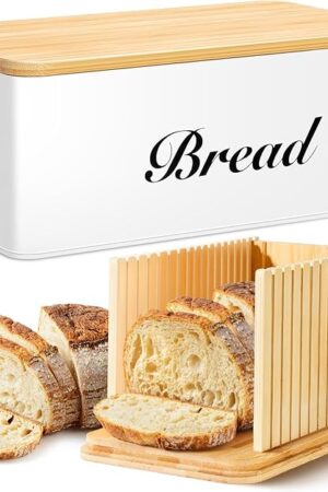 Bread Slicer for Homemade Bread with Box, White Bread Storage for Kitchen Countertop with 3 in 1 Bamboo Lid, Bread Loaf Slicers Machine with Slicing Guide for Sandwich, Sourdough Rounds