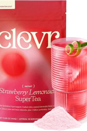 Clevr Strawberry Lemonade SuperTea Hydration Blend, 18 Servings, 5 oz | 1B Probiotics | Electrolyte | with Coconut Water | Lemon Juice | Caffeine Free | Sea Salt | Trace Minerals