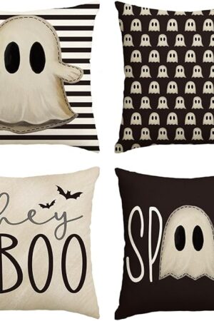 AVOIN colorlife Halloween Hey Boo Cute Ghost Spooky Throw Pillow Covers, 18 x 18 Inch Horror Scary Cushion Case for Sofa Couch Set of 4, Black