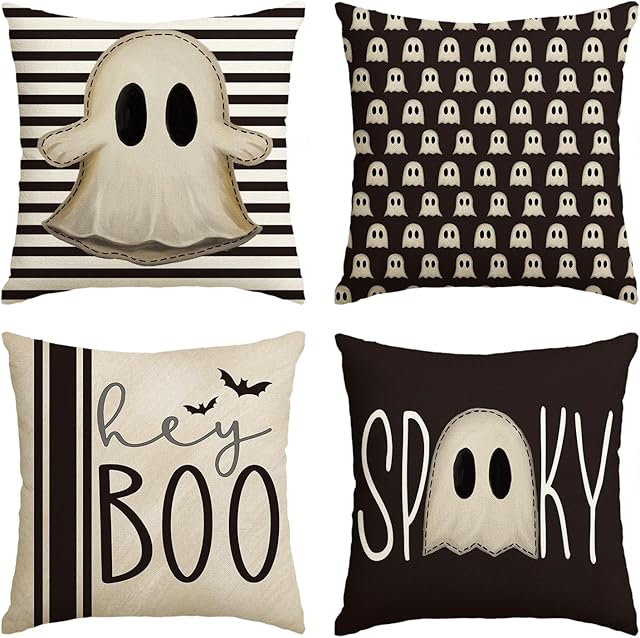 AVOIN colorlife Halloween Hey Boo Cute Ghost Spooky Throw Pillow Covers, 18 x 18 Inch Horror Scary Cushion Case for Sofa Couch Set of 4, Black