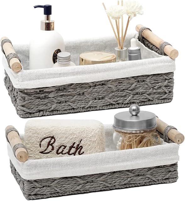 Storage Basket Wicker Baskets for Organizing Storage Bins for Countertop Toilet Paper Storage Basket for Toilet Tank Top (Set of 2,Grey)