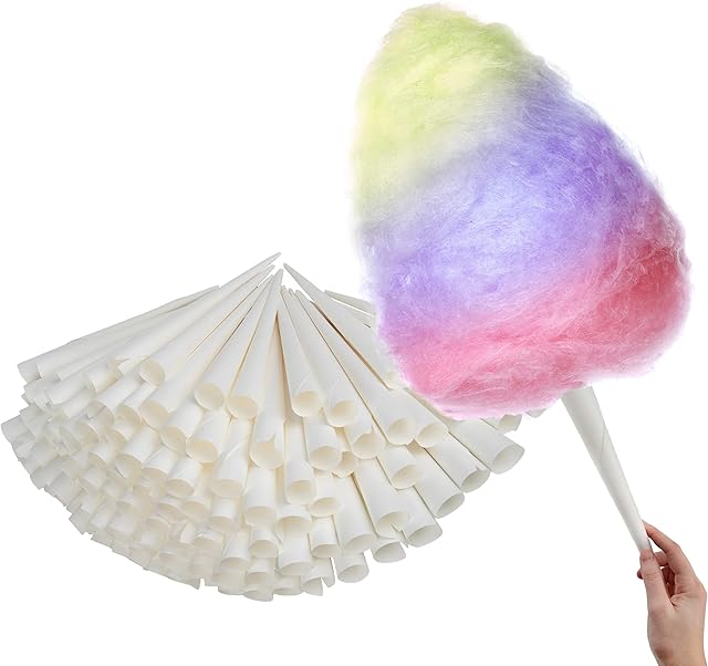 Cotton Candy Cones (100 Pack) – White Kraft Paper Sticks for Floss Sugar & Carnival Treats, Compatible with Cotton Candy Machines – Stock Your Home