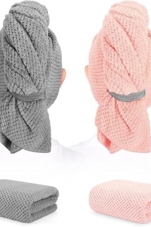 BEoffer 2 Pack Microfiber Hair Towel - 41 x 24 inches Super Soft, Absorbent, Fast Drying Without Frizz Hair Towel Wrap for Women Long, Thick, Curly Hair - Hair Turbans with Elastic Strap