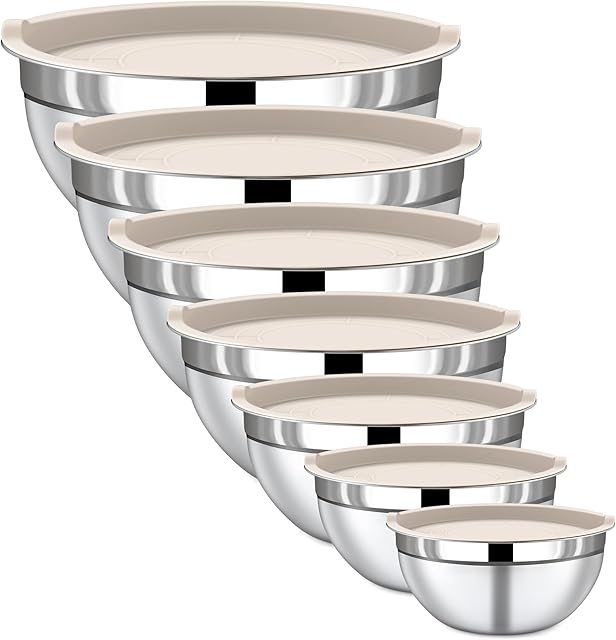 Mixing Bowls with Lids Set - 7 Piece Khaki Nesting Stainless Steel Mixing Bowls for Kitchen, Sizes 4.5, 4, 3.5, 2.1, 1.5, 1.1, 0.7 Qt for Baking, Cooking and Serving, Dishwasher Safe