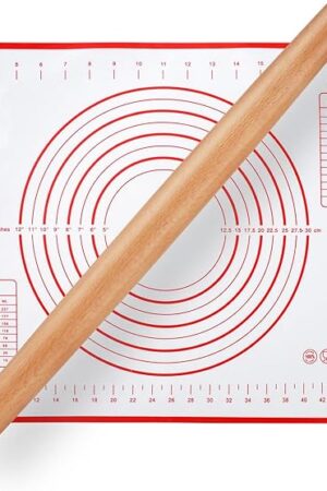 Wood French Rolling Pin for Baking, QUELLANCE Wooden Dough Roller with Silicone Baking Mat, Beech Wood Rolling Pins for Baking Dough, Pizza, Pie, Pastries, Pasta and Cookies,Red Pastry Mat