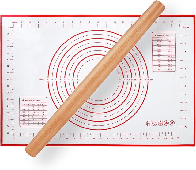 Wood French Rolling Pin for Baking, QUELLANCE Wooden Dough Roller with Silicone Baking Mat, Beech Wood Rolling Pins for Baking Dough, Pizza, Pie, Pastries, Pasta and Cookies,Red Pastry Mat