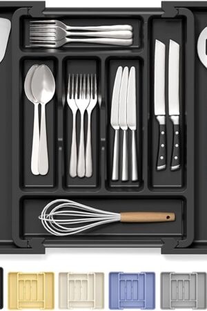 Caperci Large Silverware Organizer for Kitchen Drawer & Utensils - Expandable Drawer Organizer for Cutlery, Flatware & Gadget, BPA-Free Thick Plastic, Wider Compartments & Non-skid Feet (Black)