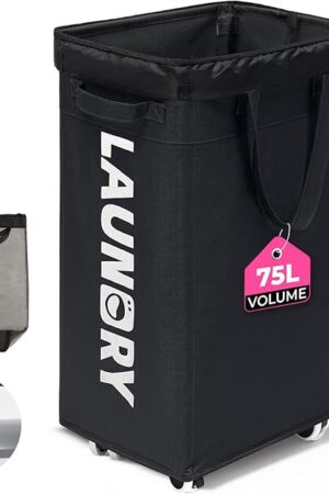 75L Rolling Laundry Basket with Wheels – Large Black Clothes Hamper with Removable Washable Mesh Bag, 600D Oxford Fabric,Lockable Wheels & Standing Rods for Upright Stability in Bedroom & Laundry Room