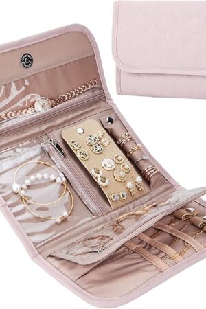 BELALIFE Travel Jewelry Case Organizer, Foldable Storage Roll for Earrings, Necklaces, Rings, Bracelets, Brooches, Pink