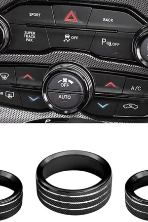 3PCS AC Air Conditioner Switch Button Knob Cover, Car Interior Decor Accessories Radio Volume Control Knob Decals for Dodge Challenger Jeep Grand Cherokee Charger Durango Journey Chrysler (Black)