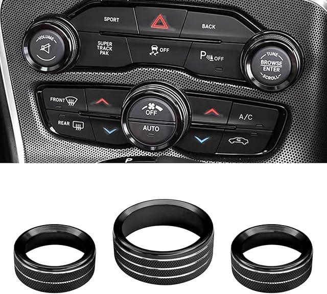 3PCS AC Air Conditioner Switch Button Knob Cover, Car Interior Decor Accessories Radio Volume Control Knob Decals for Dodge Challenger Jeep Grand Cherokee Charger Durango Journey Chrysler (Black)