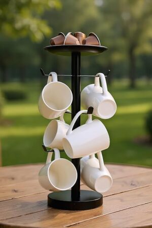 Coffee Mug Tree, Cup Holder for 6 Cups, with Tray for Phone, Tissues or Capsule (Black)