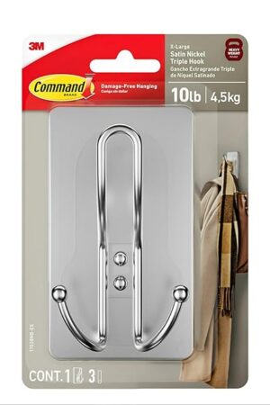 Command X-Large Satin Nickel Triple Hook, 1 Hook, 3 Strips, Damage-Free Hanging Wall Hooks with Adhesive Strips, No Tools Wall Hooks for Hanging Decorations in Living Spaces