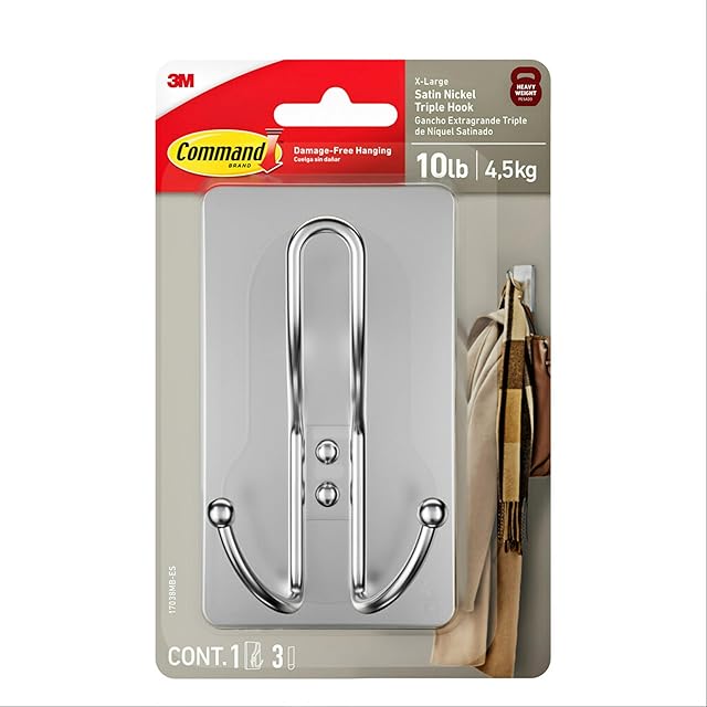 Command X-Large Satin Nickel Triple Hook, 1 Hook, 3 Strips, Damage-Free Hanging Wall Hooks with Adhesive Strips, No Tools Wall Hooks for Hanging Decorations in Living Spaces