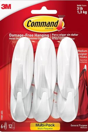 Command Medium Designer Hooks, Holdes up to 3 lb, 6 Wall Hooks with 12 Command Strips, White, Damage Free Hanging Hooks for Hanging Decorations in Living Spaces
