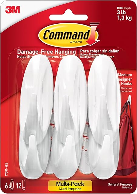 Command Medium Designer Hooks, Holdes up to 3 lb, 6 Wall Hooks with 12 Command Strips, White, Damage Free Hanging Hooks for Hanging Decorations in Living Spaces