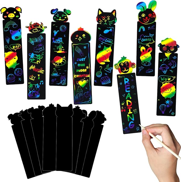 The DEMIUKO 64PCS Magic Animal Scratch Bookmarks Making Kits Rainbow Scratch Paper Art Sets Party Favors DIY Bookmarks Bulk with Scratching Tools Ribbons Crafts Kit for Activities Birthday Gifts