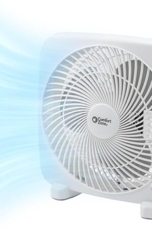 Comfort Zone Box Fan, 9 inch, Portable, Electric Quiet, 3 Speed, Small Box Fan, Desk Fan, Table Fan, Airflow 9.65 ft/sec, Ideal for Home, Bedroom, Dorm, & Office, CZ9BWT